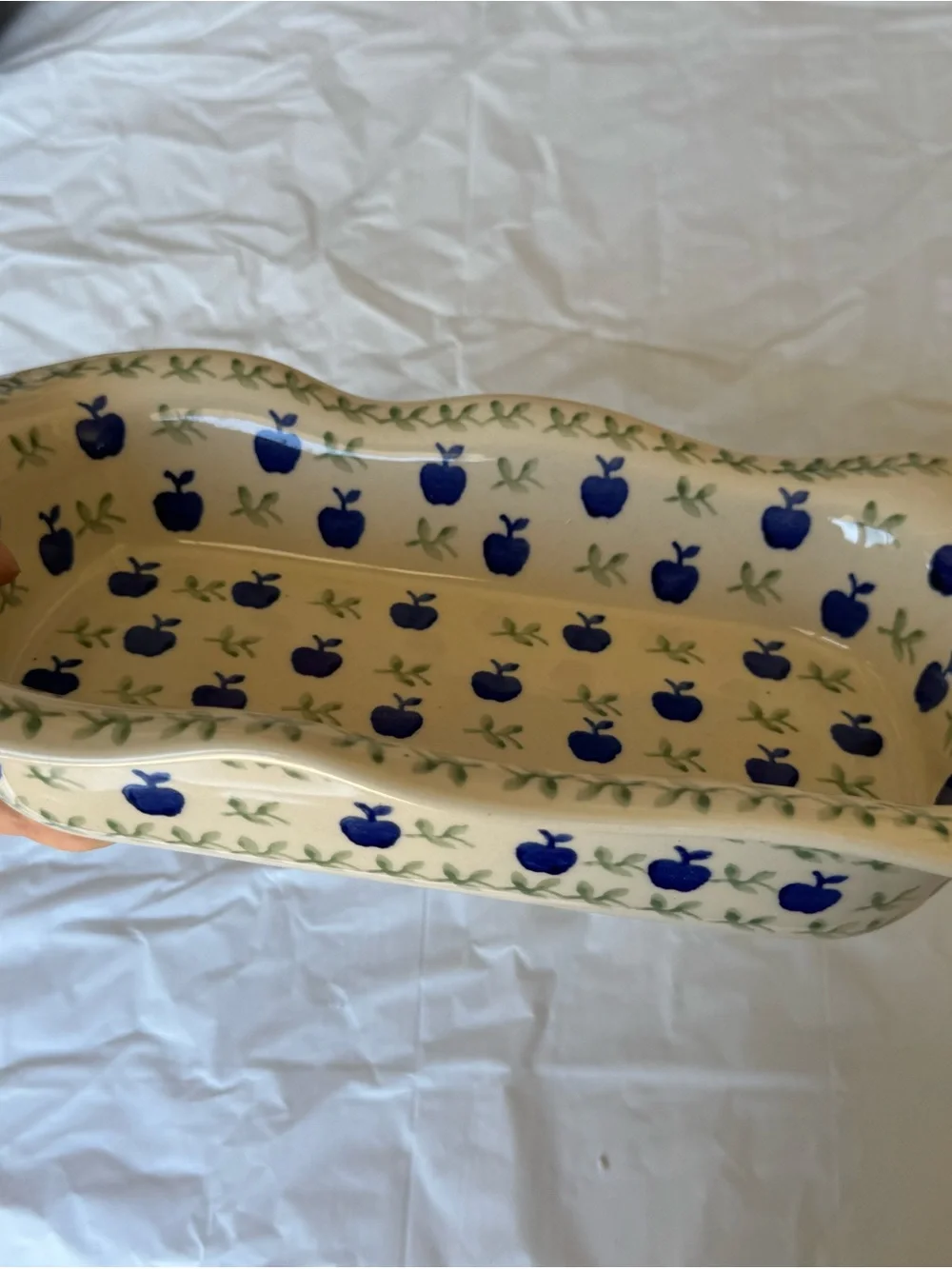 Vintage Polish Pottery Blue Apple Pattern Ceramic Serving Platter - White